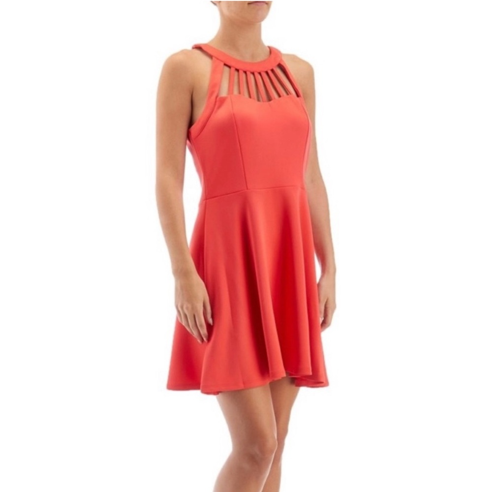 Women’s junior coral red cage neck skater mini dress - size 3